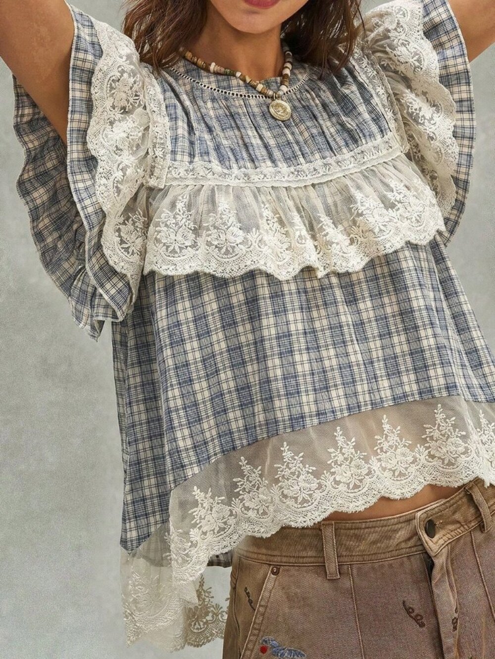 Blue And White Cute Women's Casual Woven Plaid Contrast Lace Loose Blouse - Picture 6 of 9
